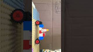 lego animation of a figure, trying to build a car and driving away.
