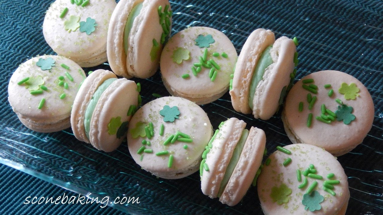 Shamrock Macarons with a Minty-Green Buttercream video demonstration - sconebaking.com