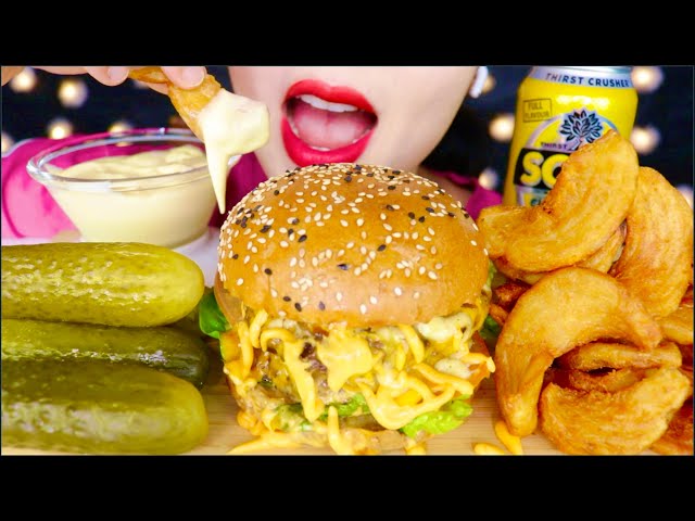 ASMR JUICY DOUBLE CHEESE BURGERS 🍔 CURLY WEDGE FRIES 🍟 FIZZY LEMONADE CHEESE SAUCE EATING 咀嚼音 먹방