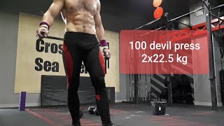 Welcome to Hell workout. 100 Devil Press 2x22.5 kg dumbbells for time. 100 жимов дьявола на время.