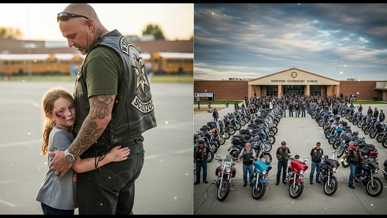 Fetiță cu ochi vineți imploră bikerii „Fii tatăl meu” — 50 de Hells Angels apar la școală