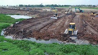 Huge Swamp Landfill Technology Skills Operator Bulldozer Pushing Mud Dirt Truck Unloading
