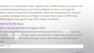 How to Fix the Decimal('1367') is Not JSON Serializable Error in Python SQL Queries
