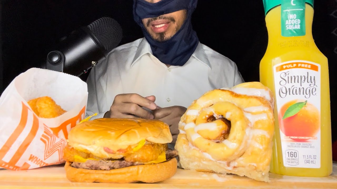 Whataburger Breakfast Burger 🍔 Hash browns Cinnamon roll and Orange 🍊