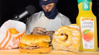 Whataburger Breakfast Burger 🍔 Hash browns Cinnamon roll and Orange 🍊 Juice 🥤 ASMR