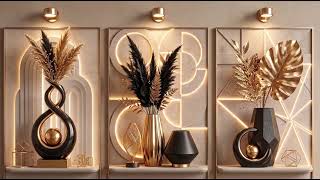 Luxury Black Gold Vase Wall Art Modern Geometric Triptych Elegant Home Decor 4K