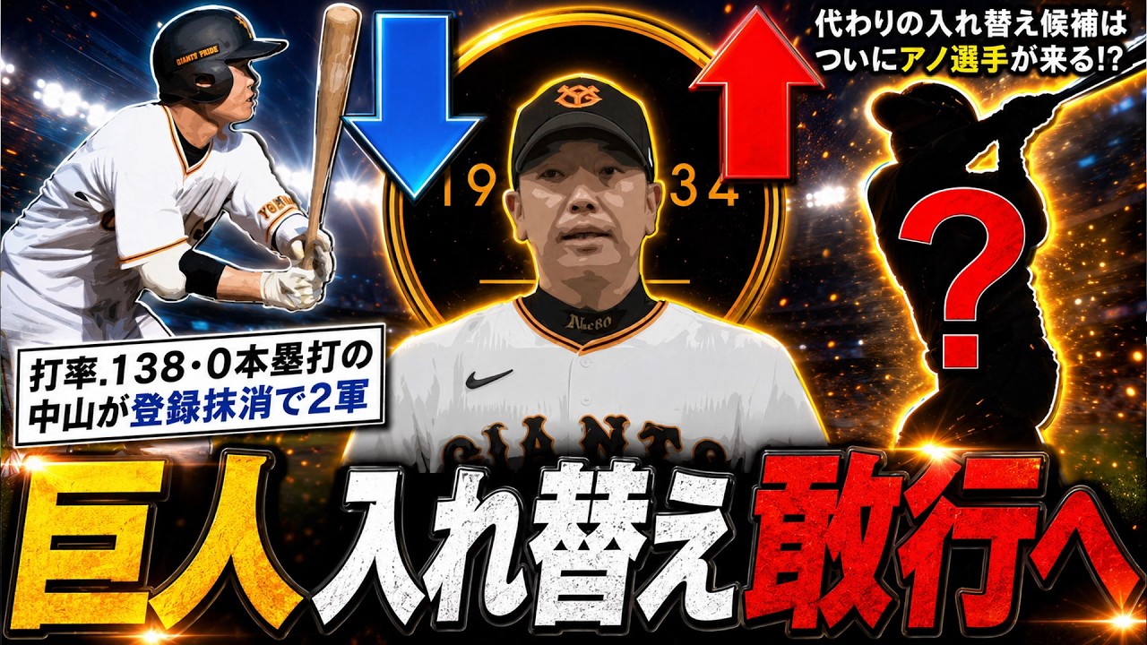 【入れ替え敢行！】巨人打率.138・0本塁打と不振の『中山 礼都』が登録抹消で2軍へ！そして代わりの入れ替え候補はついにアノ選手が来る...！？