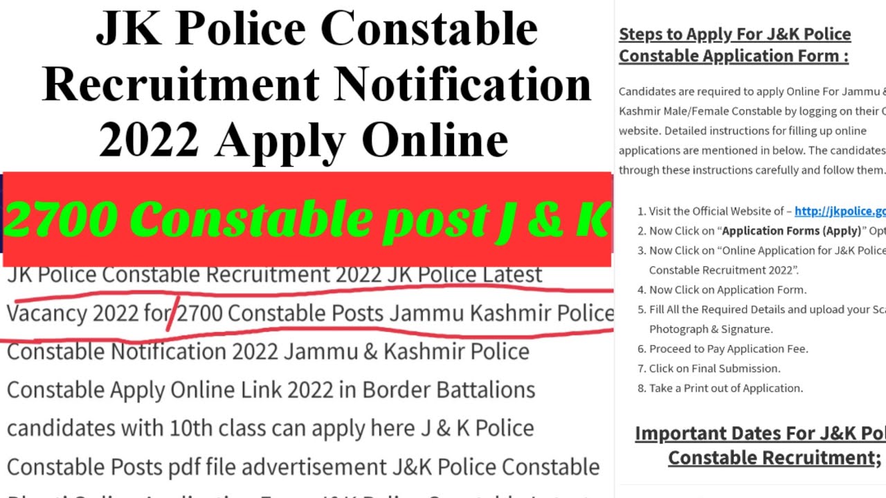 JK Police Constable Recruitment Notification 2022 || 2700 Constable post in J&K