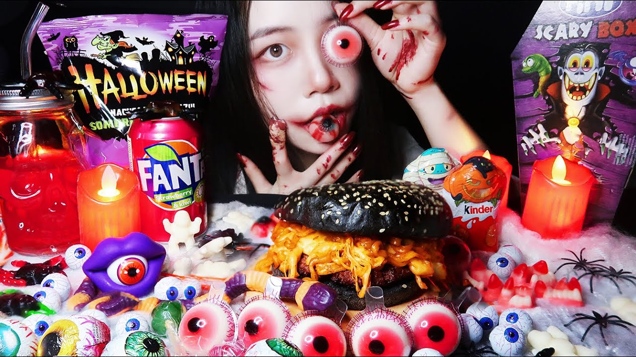 Asmr Fire Noodle Cheeseburger🎃gummi Eyeballs Jelly Candy Chocolate