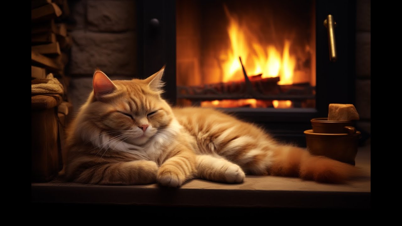 Relaxing Winter Sleep Aid Crackling Fireplace & Purring Cat for Deep Sleep, No More Insomia❄️🔥