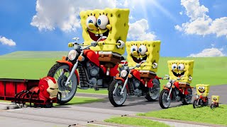 Big \& Small SpongeBob on a motorcycle vs Choo-Choo Iron Man Train | BeamNG.Drive
