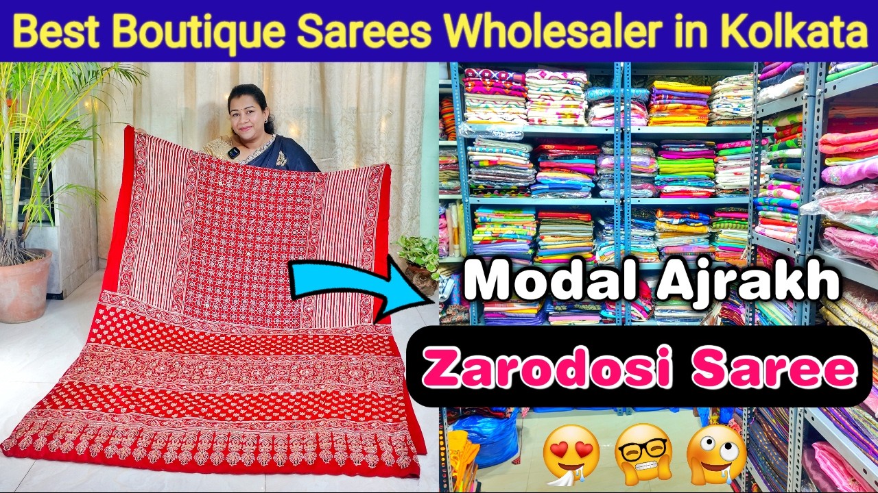 Modal Ajrakh Zardosi Saree, Pure Handloom, Hand Block, Boutique Saree Wholesaler in Kolkata