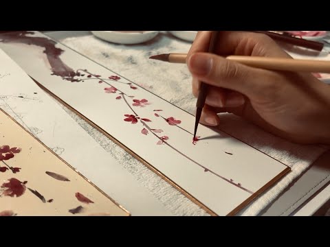 日本画制作メイキング】短冊 紅梅/水墨画/顔彩/japanesepainting