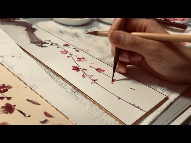 日本画制作メイキング】短冊 紅梅/水墨画/顔彩/japanesepainting