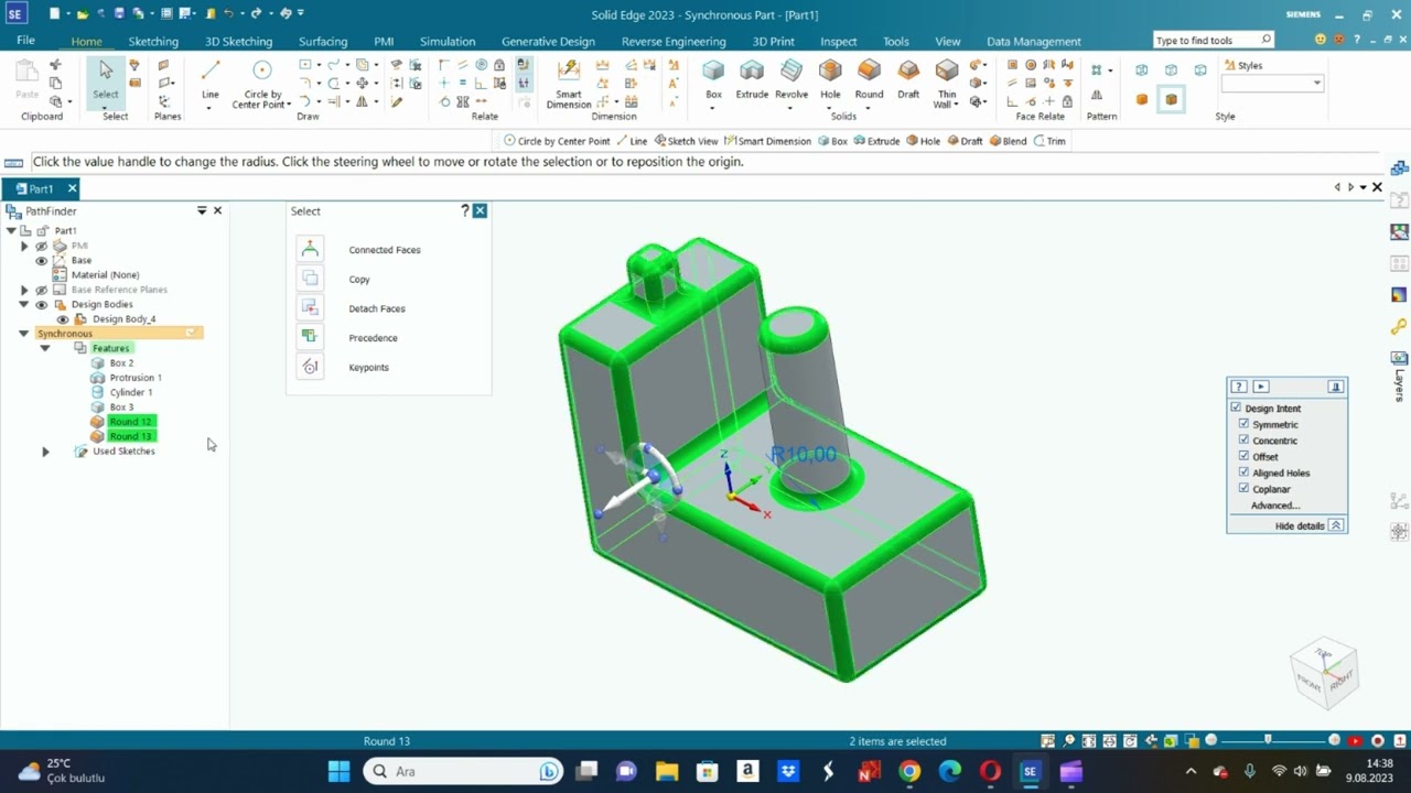 Solid Edge 2023 Eğitim Videoları-Senkron Parça Modelleme-9- Round (Radyus)Komutu