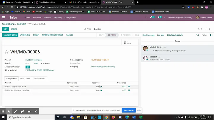 Can a sales order in Odoo reserve inventory for a manufacturing order?