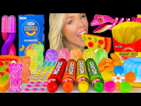 ASMR MUKBANG Rainbow Food Kraft Gummy Mac And Cheese Gummy Fries Pizza Candy Buttons Giveaway 먹방 