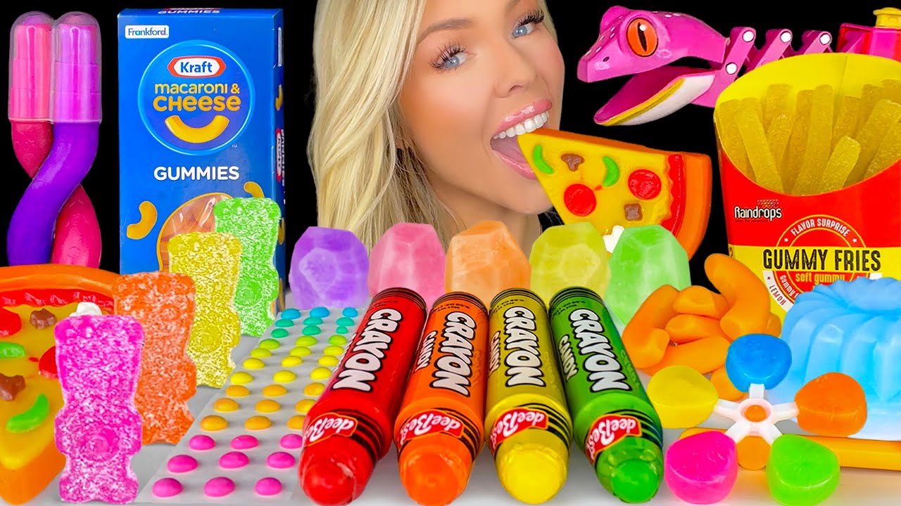 ASMR MUKBANG, Rainbow Food, Kraft Gummy Mac and Cheese, Gummy Fries Pizza Candy Buttons, Giveaway 먹방