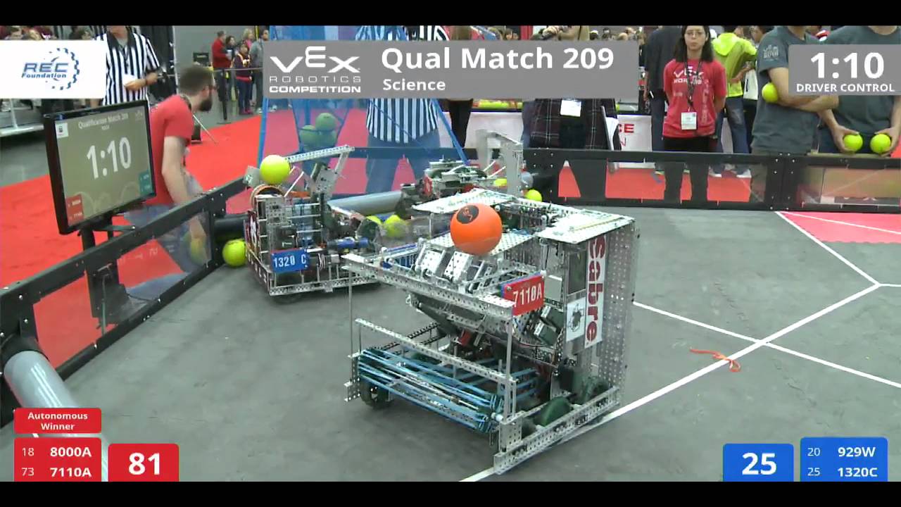 VEX Worlds 2016 - VRC High School - Science - Qual 209 (8000A 7110A) 213 vs 160 (929W 1320C)