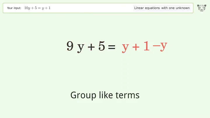 Linear equation with one unknown: Solve 10y+5=y+1 step-by-step solution