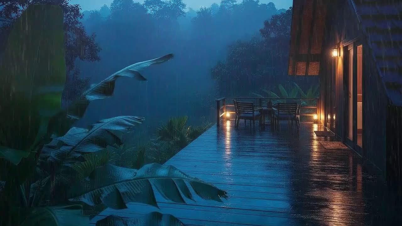 Deep Sleep Tonight with Steady Rain Sounds and Soft Thunder Murmur at Cabin Terrace 🌧️