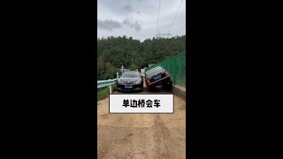 Experienced drivers meet on one-sided bridge