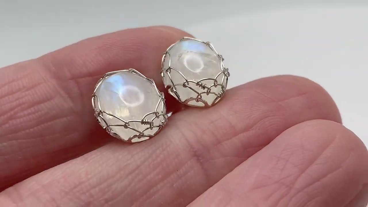 Rainbow Moonstone Sterling Silver Woven Post Earrings by Klee Angelie Jewelry
