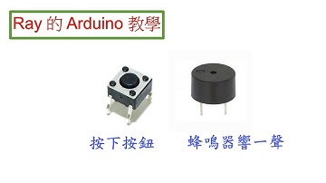 按鈕開關 Push Button 與蜂鳴器 Buzzer。按鈕按下去，蜂鳴器響一聲，LED亮一下 。