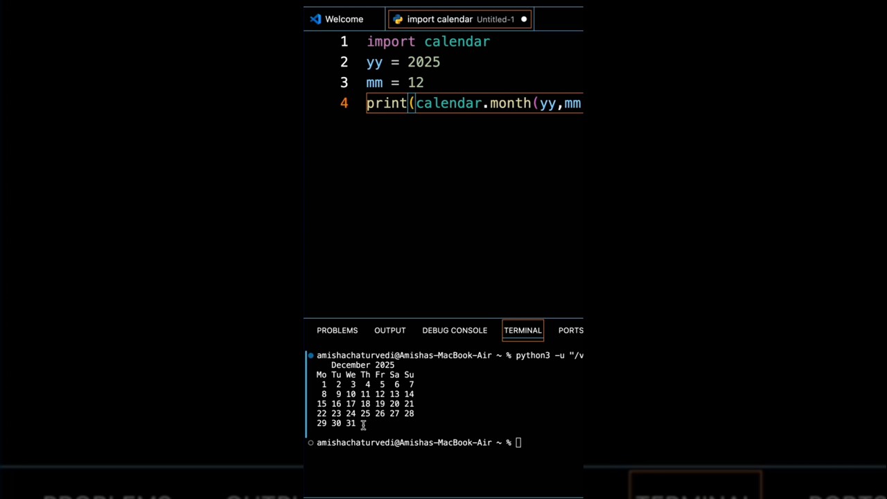 Calendar in python #shorts #python #calendar #viral #trending #tech #programming #coding