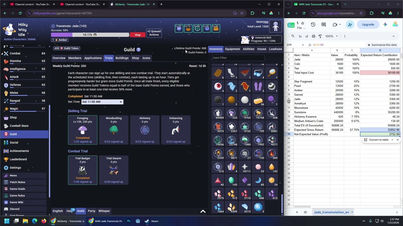 Milky Way Idle: Alchemy, Transmuting Gems EV Spreadsheet