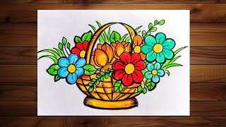 Flower Basket Drawing || How to Draw Flower Basket Step By Step || Flower Vase Drawing