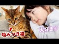 我慢の限界？赤ちゃんの頃から一緒にいる妹娘の激しいスキンシップ！それに対する元噛みつき暴れ猫の反応