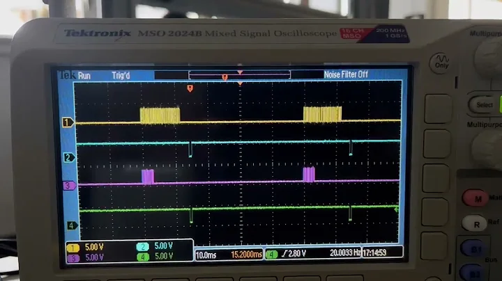 Oscilloscope record of SPI and EtherCAT communication with two EtherCAT slaves.
