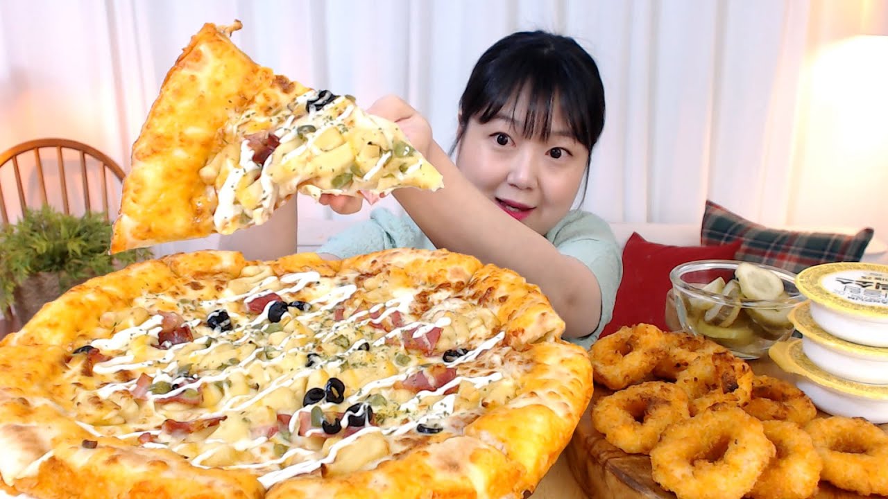 고구마 가득🍠 반올림고구마골드피자 바삭한새우링 먹방 Sweet potato Pizza Fried Shrimp rings Koreanfood Mukbang