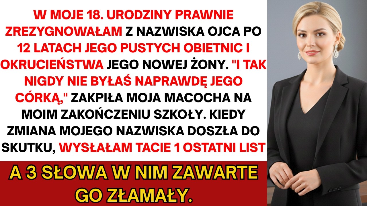 W dniu moich osiemnastych urodzin nie chciałam tortu ani prezentów. Chciałam jednej rzeczy: wymazać nazwisko ojca z każdego dokumentu, jaki posiadam. Dwanaście lat temu obiecał, że wróci do...