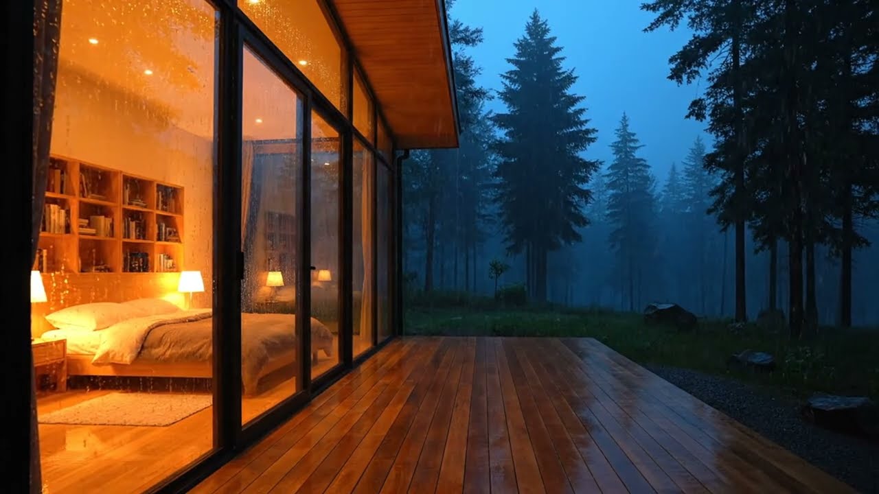 Cozy Rain Night in a Glass Cabin | Relaxing Forest Ambience for Sleep & Study (ASMR 4K)