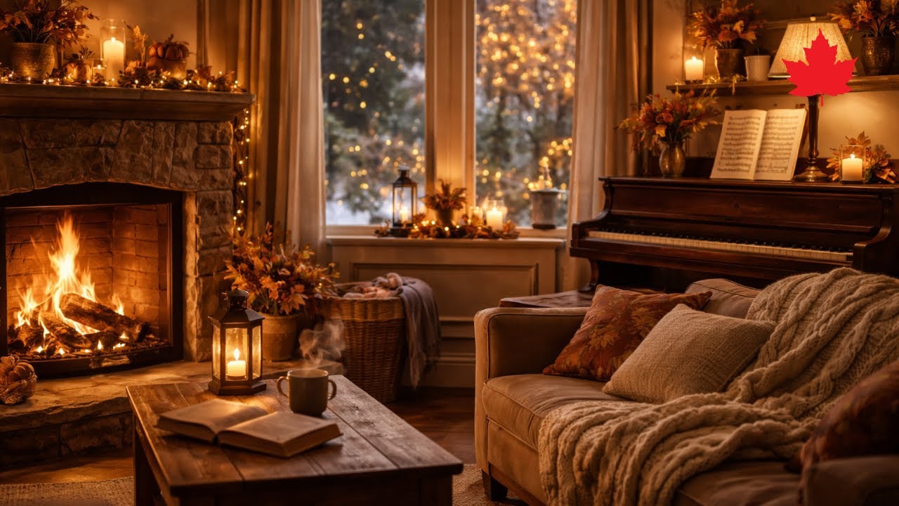 🔥🎹 Fireplace & Piano Music | 🍂 Cozy Fall Living Room Ambience for 😌 Stress Relief & 😴 Deep Sleep