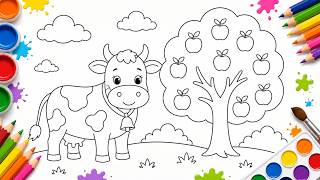 How To Draw Cow and Apple Tree, Coloring and Drawing for Kids