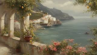 Italian Coastal Village with Lemon Tree Oil Painting 4K Vintage TV Wallpaper Art Screensaver