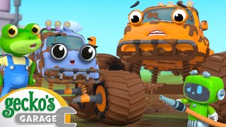 Max \& Molly Mudbath | Monster Truck| Animal for Kids | Truck and Bus Cartoon | Gecko's Garage