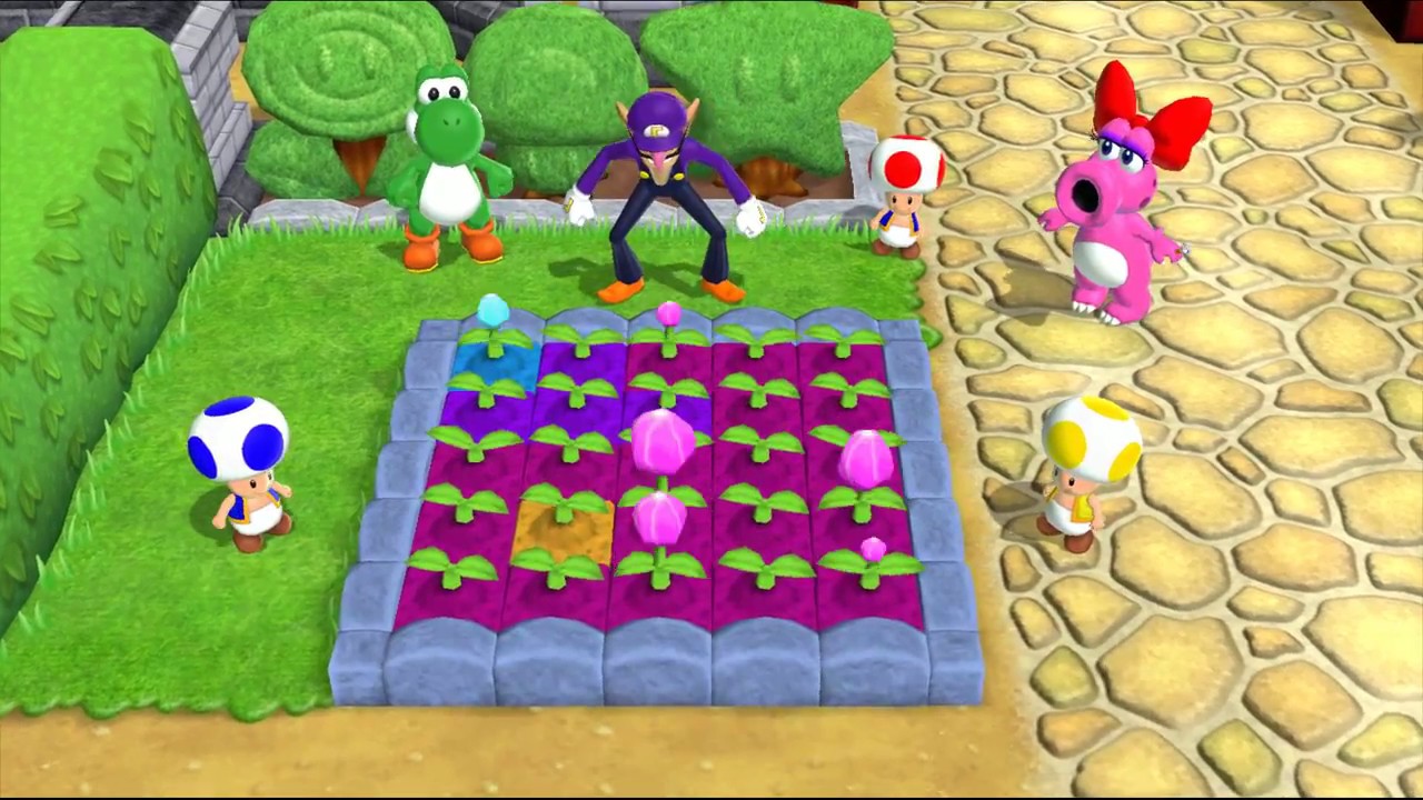 Mario Party 9 Garden Battle - Waluigi vs Yoshi vs Toad vs Birdo Gameplay | MARIOGAMINGHUB