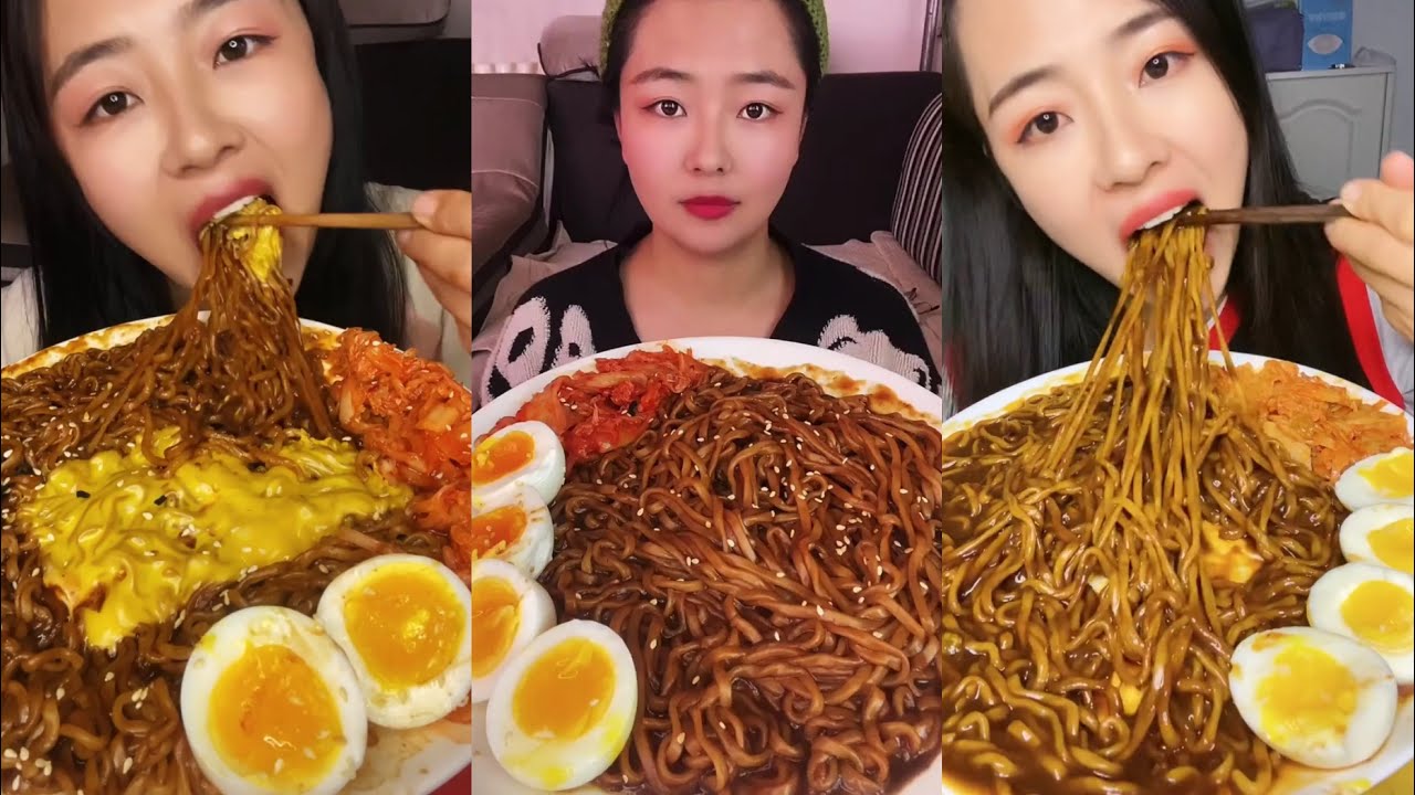 ASMR 먹방 EATING BLACK BEAN FIRE NOODLES and EGGS chewy sounds Siyah Fasulyeli Erişte Yeme Mukbang