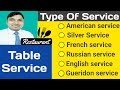Type Of Service! 
Table service-American, Silver, French, Russian, English, Gueridon, in Restaurant.