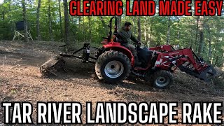 Landscape Rake attached to Mahindra 1626 Tractor Clearing Hillside