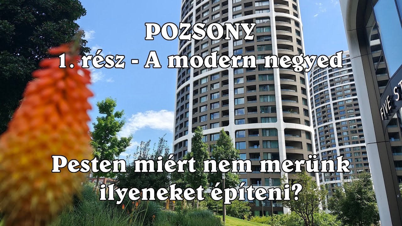 POZSONY: A modern negyed magas épületekkel, parkkal a pláza tetején és Duna-parti sétánnyal