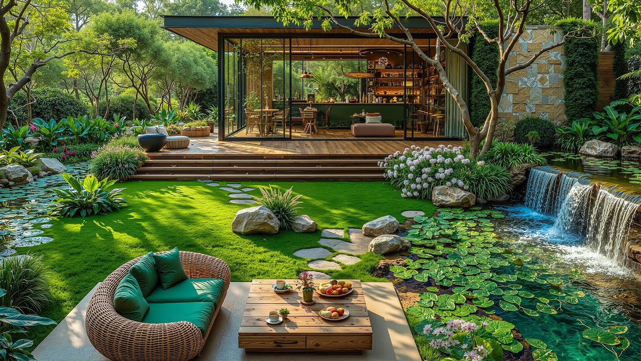 Peaceful Forest Courtyard Coffee Jazz with Flowing Water 🌿Spring Jazz for Focus and Relaxation