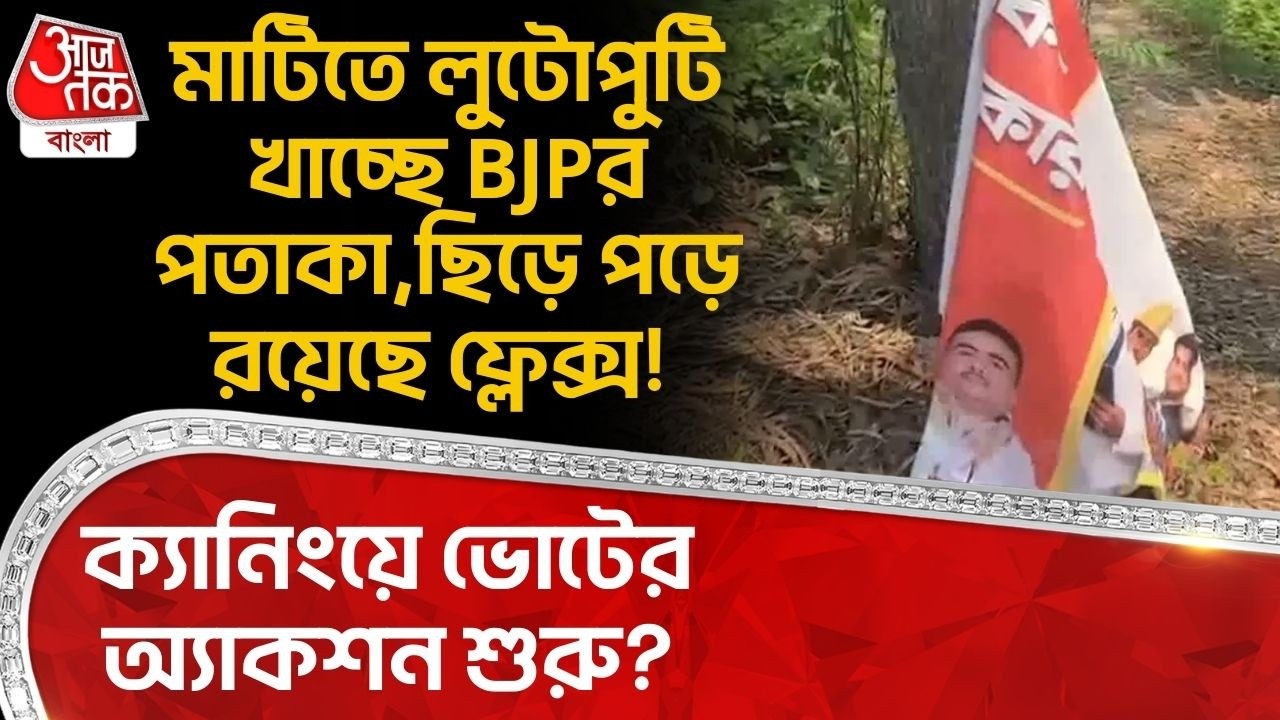 মাটিতে লুটোপুটি খাচ্ছে BJPর পতাকা,ছিড়ে পড়ে রয়েছে ফ্লেক্স! ক্যানিংয়ে ভোটের অ্যাকশন শুরু? Canning