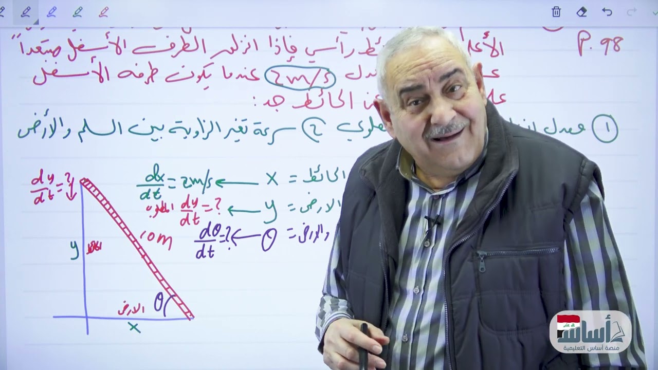 تكملة حل أمثلة المعدلات الزمنية4و5و6 صفحة94و95و96/التفاضل/الفصل الثالث/رياضيات السادس العلمي