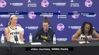 Caitlin Clark, Lexie Hull, Kelsey Mitchell after Indiana's win over the Connecticut Sun thumbnail