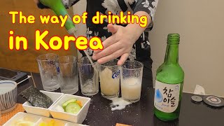 The way of drinking in Korea. Enjoy a drink at a tuna sashimi restaurant in Seoul, Korea